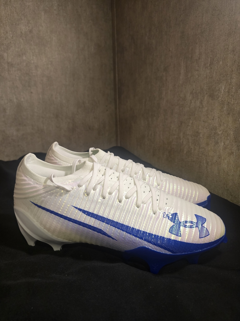UA Blur Pro football cleats in the "White/Team Royal"